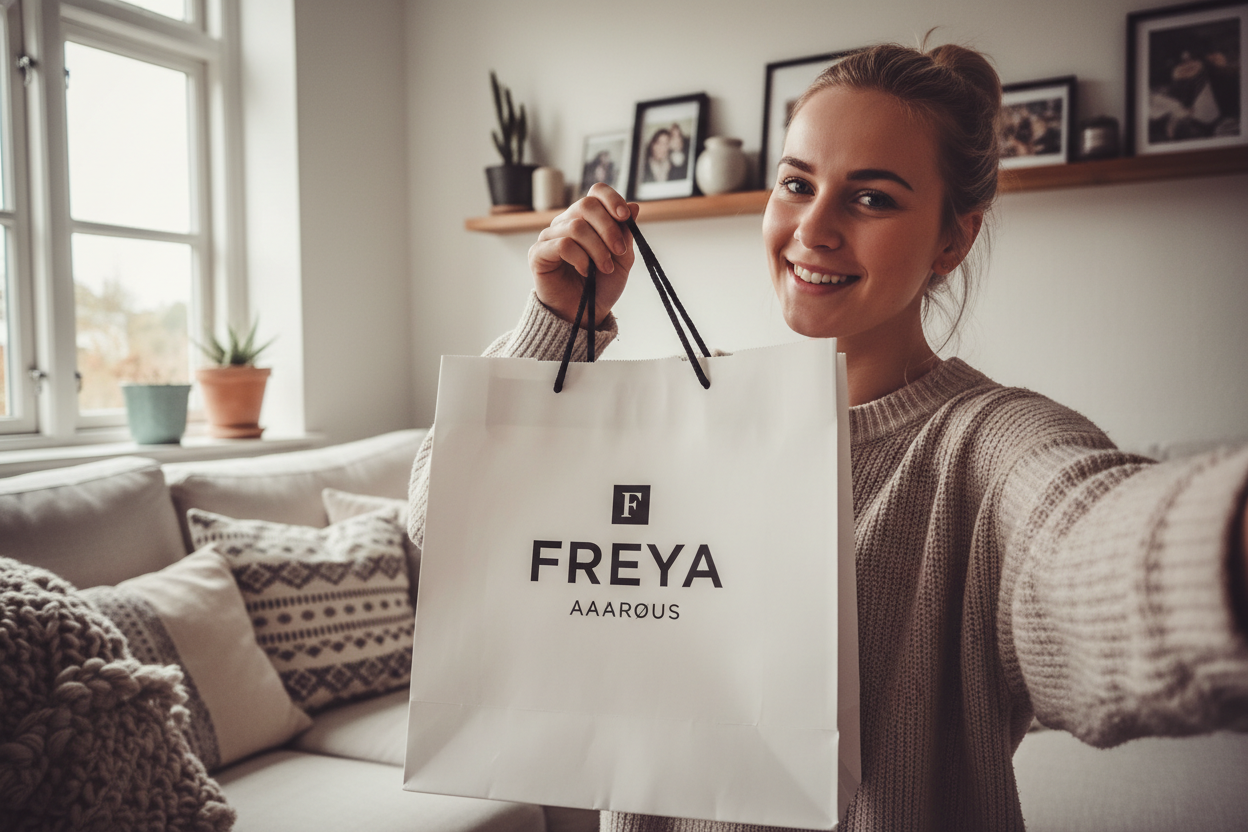 Foto tipo selfie com saco da loja Freya Aarhus foto numa casa