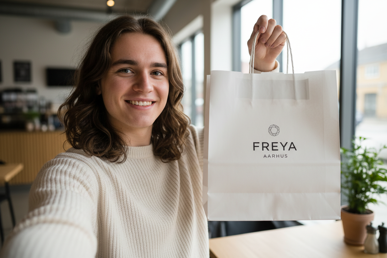 foto tipo selfie com saco da loja FREYA AARHUS