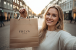 foto tipo selfie, de uma mulher nordica com um saco de roupa da loja FREYA AARHUS