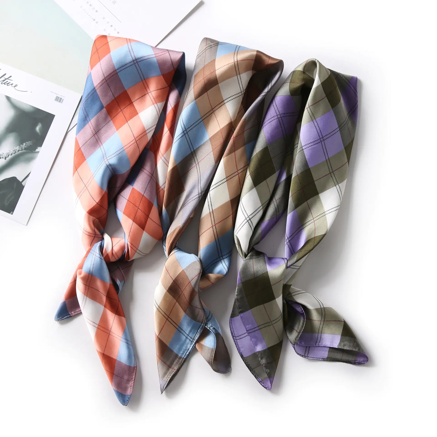 Color Plaid Scarf for Women 70x70cm Art Student Neck Scarf